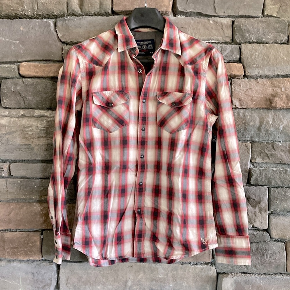 American Eagle Snap Front Plaid Western Grunge Vintage Fit Shirt